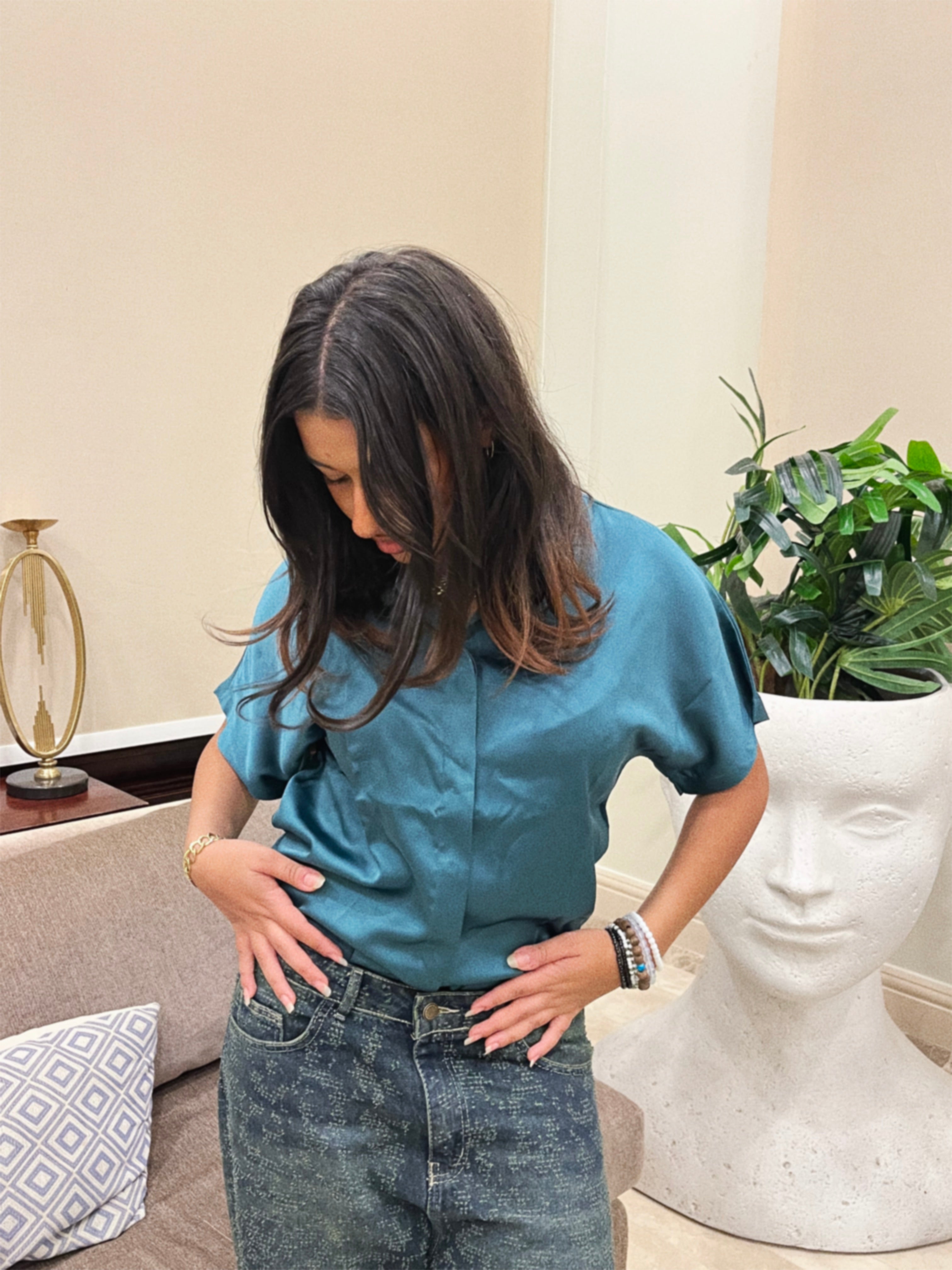 Image of Green Shine On Satin Blouse